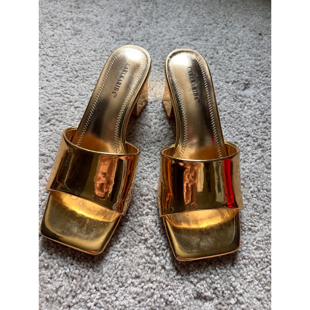 Carlkarida Womens Gold Metallic Square Toe Block Heel Slide Sandals Size 7